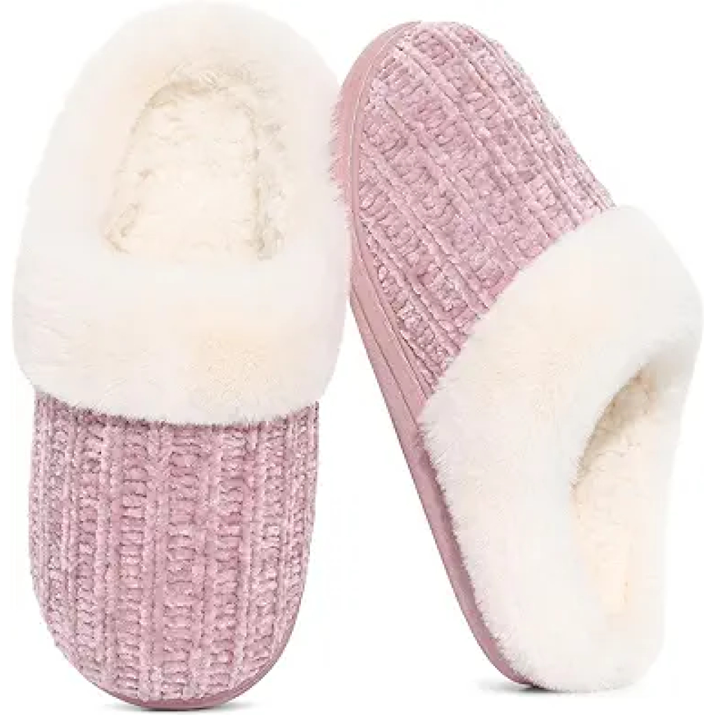 Evshine Women's Chenille Knit Fuzzy Slippers Memory Foam Warm House Shoes