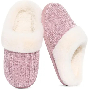 Evshine Women's Chenille Knit Fuzzy Slippers Memory Foam Warm House Shoes