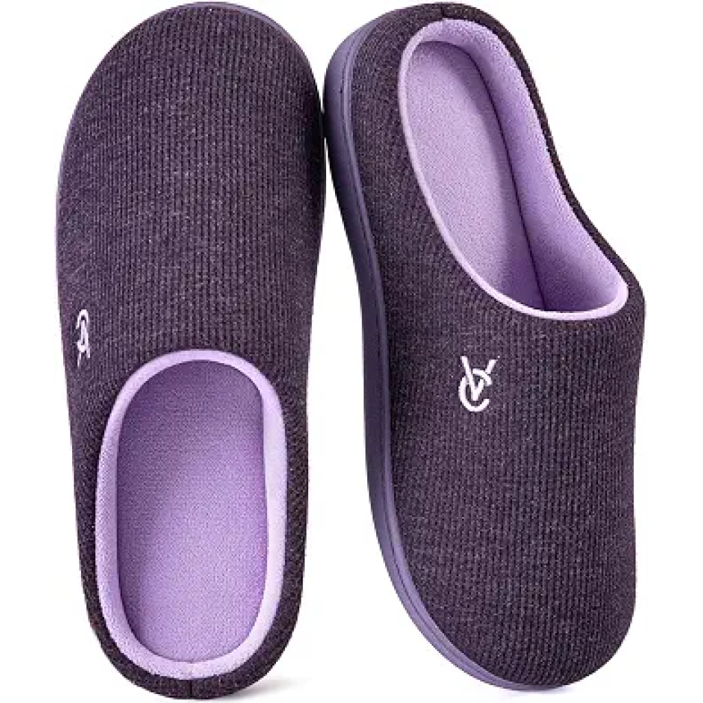 VeraCosy Women's Two-Tone Slippers Soft Comfy Knit Memory Foam Non-slip Indoor Outdoor House Shoes Evening Lilac, 7-8 US