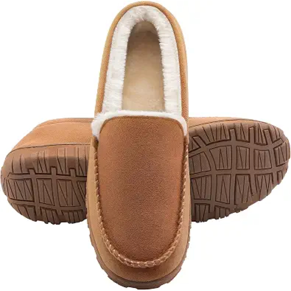 shoeslocker Moccasins for Men House Slippers Indoor Outdoor Plush Mens Bedroom Shoes with Hard Sole Beige 10 M US