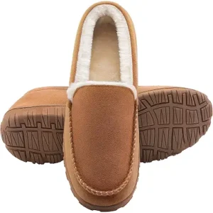shoeslocker Moccasins for Men House Slippers Indoor Outdoor Plush Mens Bedroom Shoes with Hard Sole Beige 10 M US
